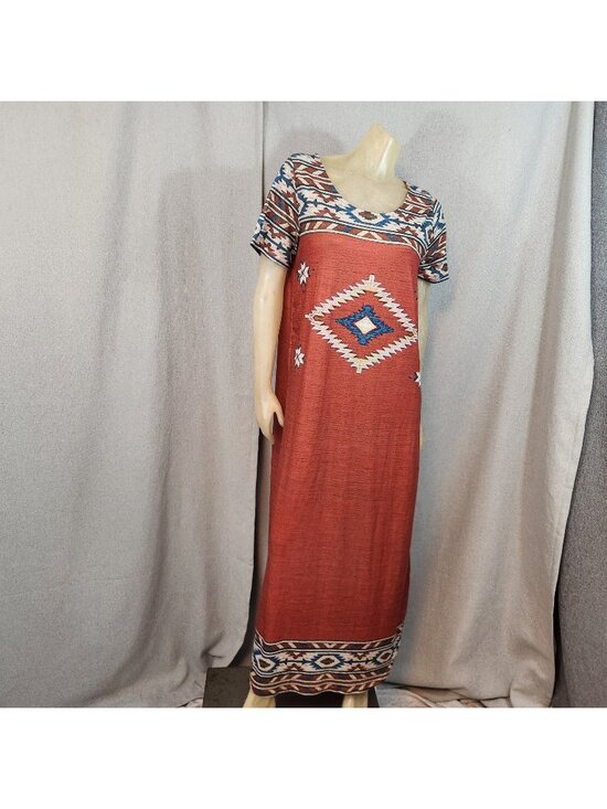 Unbranded Dresses & Skirts - Southwestern Style Blue Orange Pattern Short Slv Scoop Nck Long Dress Maxi LARGE
